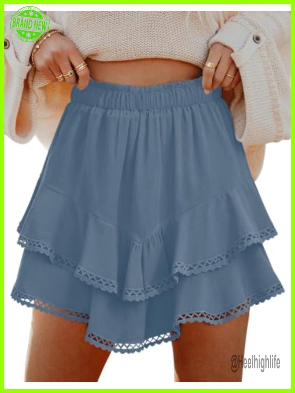 Rorzain Ruffle Tiered Mini Skort - Rayon, Elastic Waist, Crochet Hems